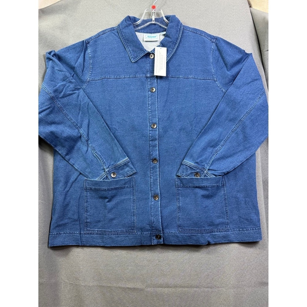 National Women Large Blue Denim French Terry Button Front Jacket NWT 24496